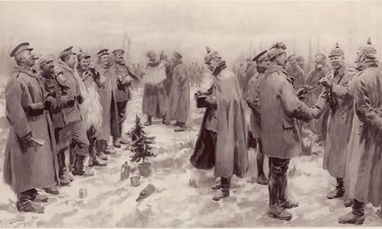 British and German soldiers arm-in-arm and exchanging headgear_The Illustrated London News, 9 January 1915_Sächsische Militärgeschichte Dresden e V.jpg